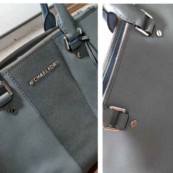 👉LAST CHANCE‼️ Michael Kors Sutton Metallic Silver Stripe Saffiano Satchel - Picture 8 of 16